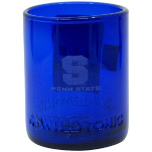 glass from refreshed blue wine bottle with etched Penn State under large block S